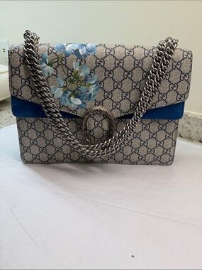 Gucci GG Supreme Shoulder Bag with Blue Floral Print and Blue Suede Trim